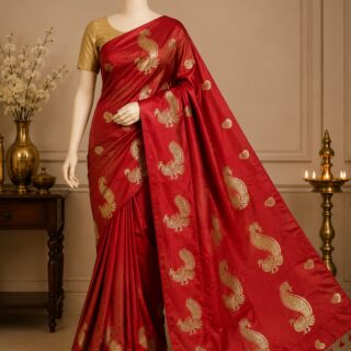 Red and golden saree screen printed