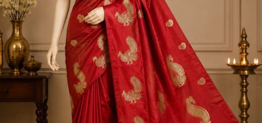 Red and golden saree screen printed
