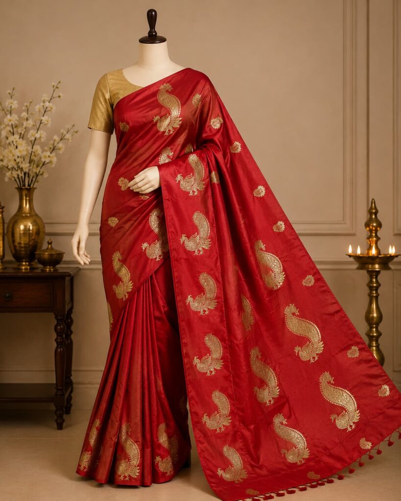 Red and golden saree screen printed