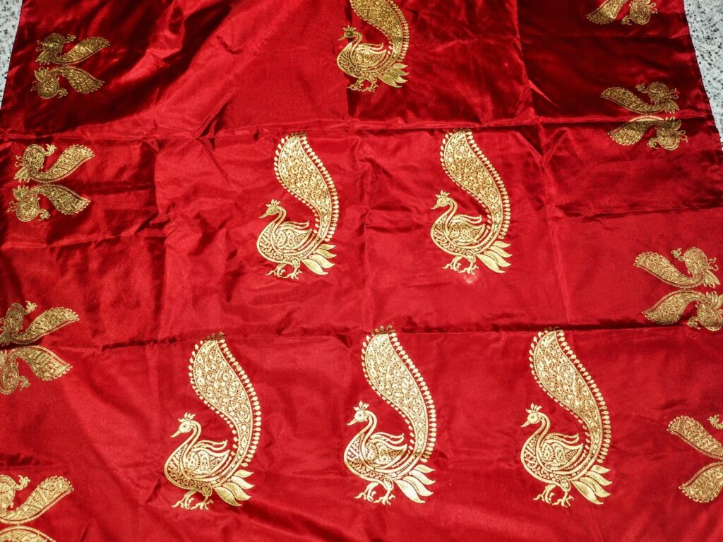 Red saree with peacock screen printing